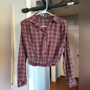 Zara Women's Purple and Yellow Plaid Button Down Shirt